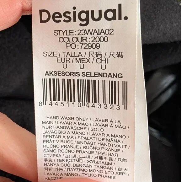 Desigual Black Embroidery Loose Fit Full Zip Belt Poncho Coat, size OS